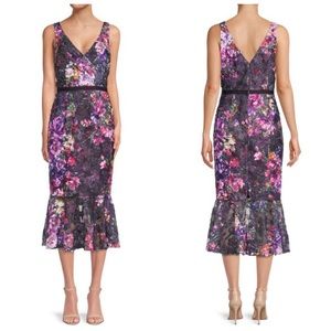 MARCHESA NOTTE Floral Printed Soutache V-Neck Sleeveless Ruffle-Hem Dress Size 8